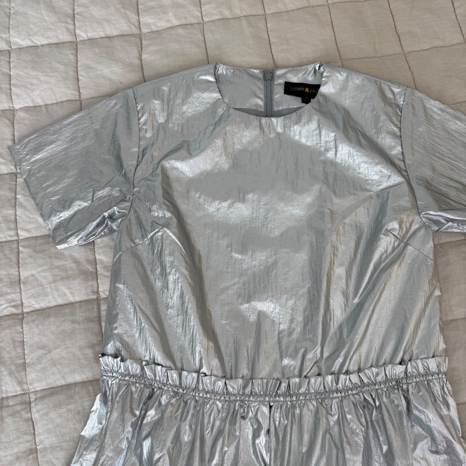 Teddy Fresh Silver Linings Prom Dress Metallic Foil Tiered Mini size Small