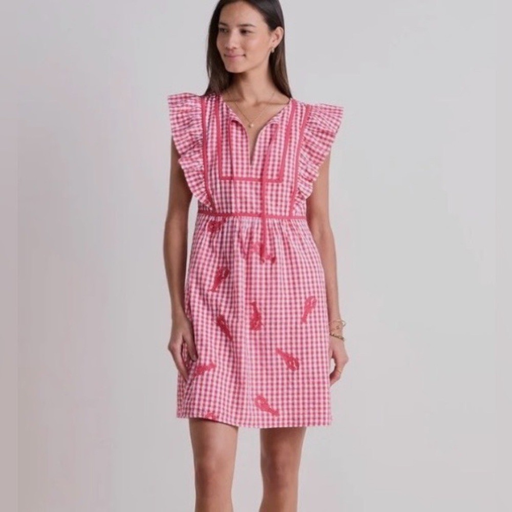 NWT Vineyard Vines Lobster Gingham Ruffle Dress XXS Red Cape Cod Coastal