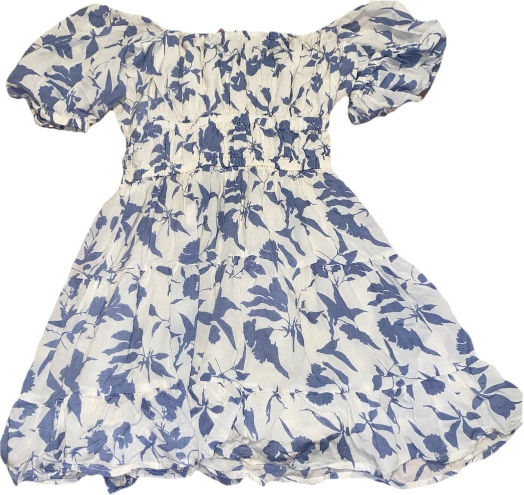 Vintage Havana Floral Puff Sleeve Off Shoulder Short Dress S White Blue