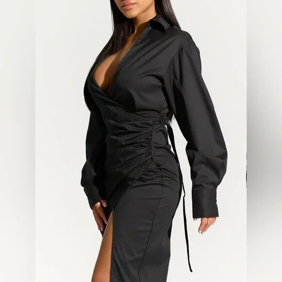NAKED WARDROBE Black V-Neck Ruched Wrap Shirting Shirt Dress Maxi LARGE = 8/10