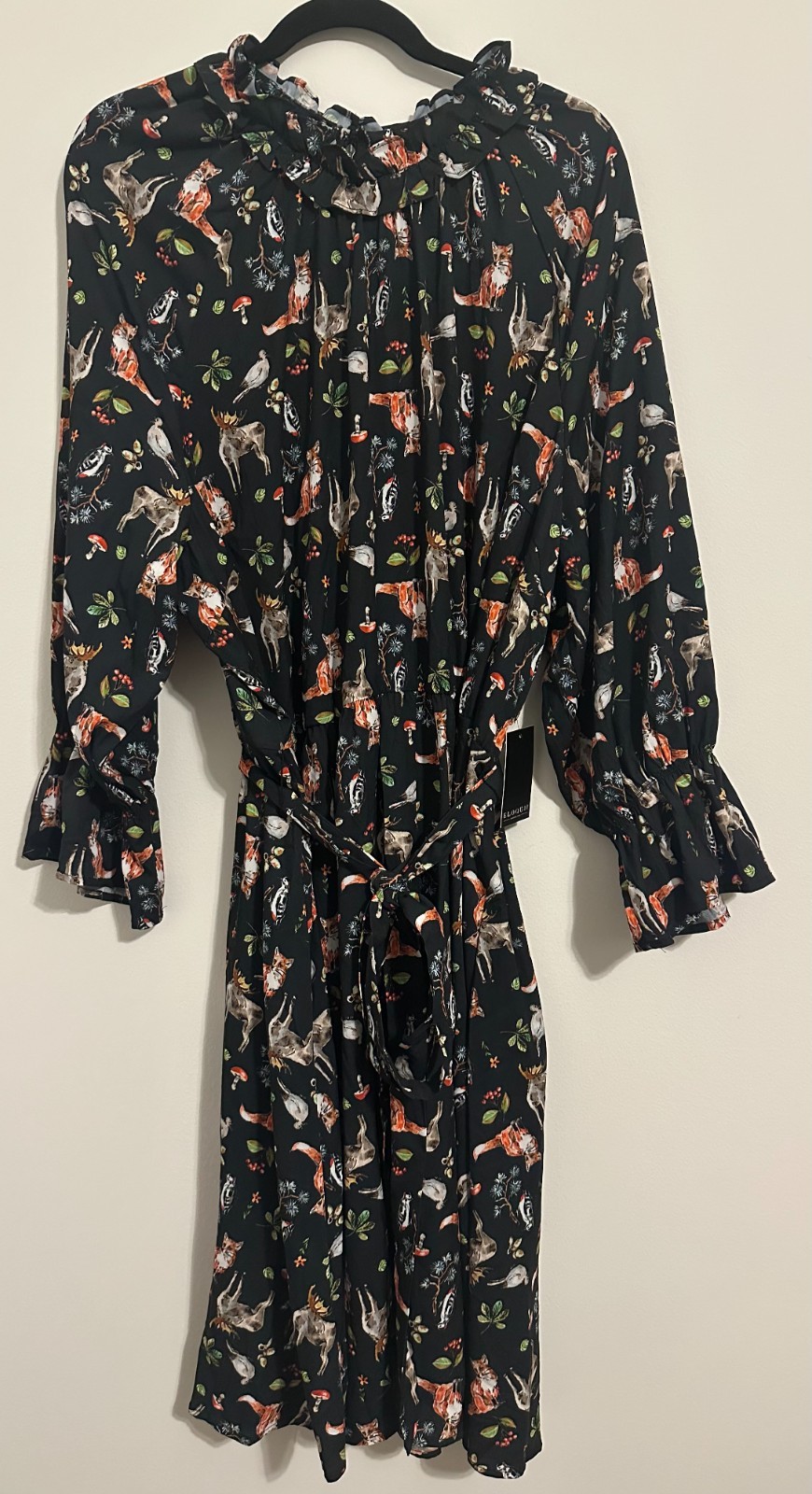 New Womens Eloquii Dress Size 26 Plus Black Woodland Animals Fox Moose Ruffles