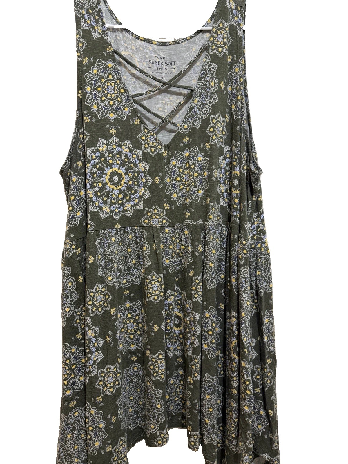 Torrid Super Soft Knit Dress Size 4 Olive Medallion Print Lattice Back