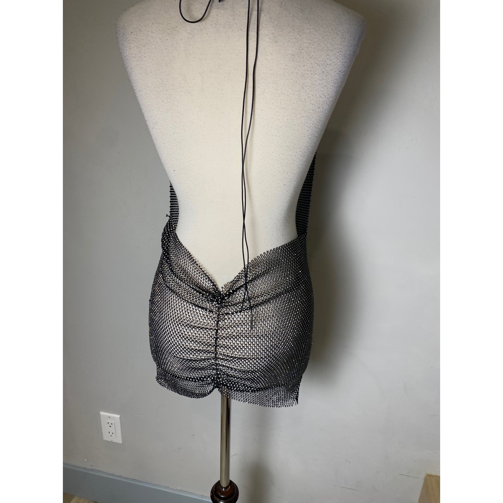 Rhinestone Mesh Mini Dress Black Silver Cowl Neck Open Back Festival Clubwear