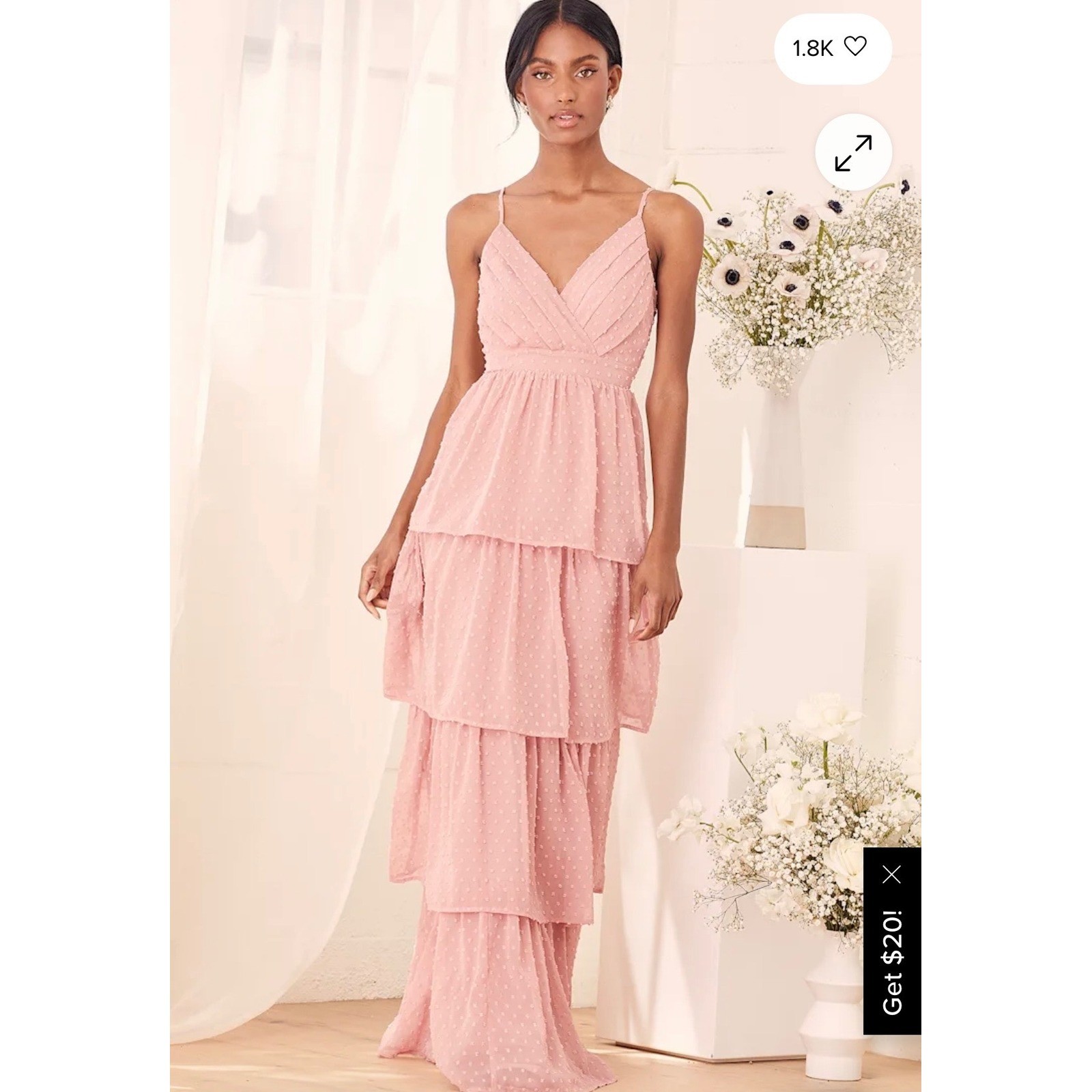 Lulus Dusty Rose Swiss Dot Tiered Maxi Dress Pleated V-Neck Pink Size L