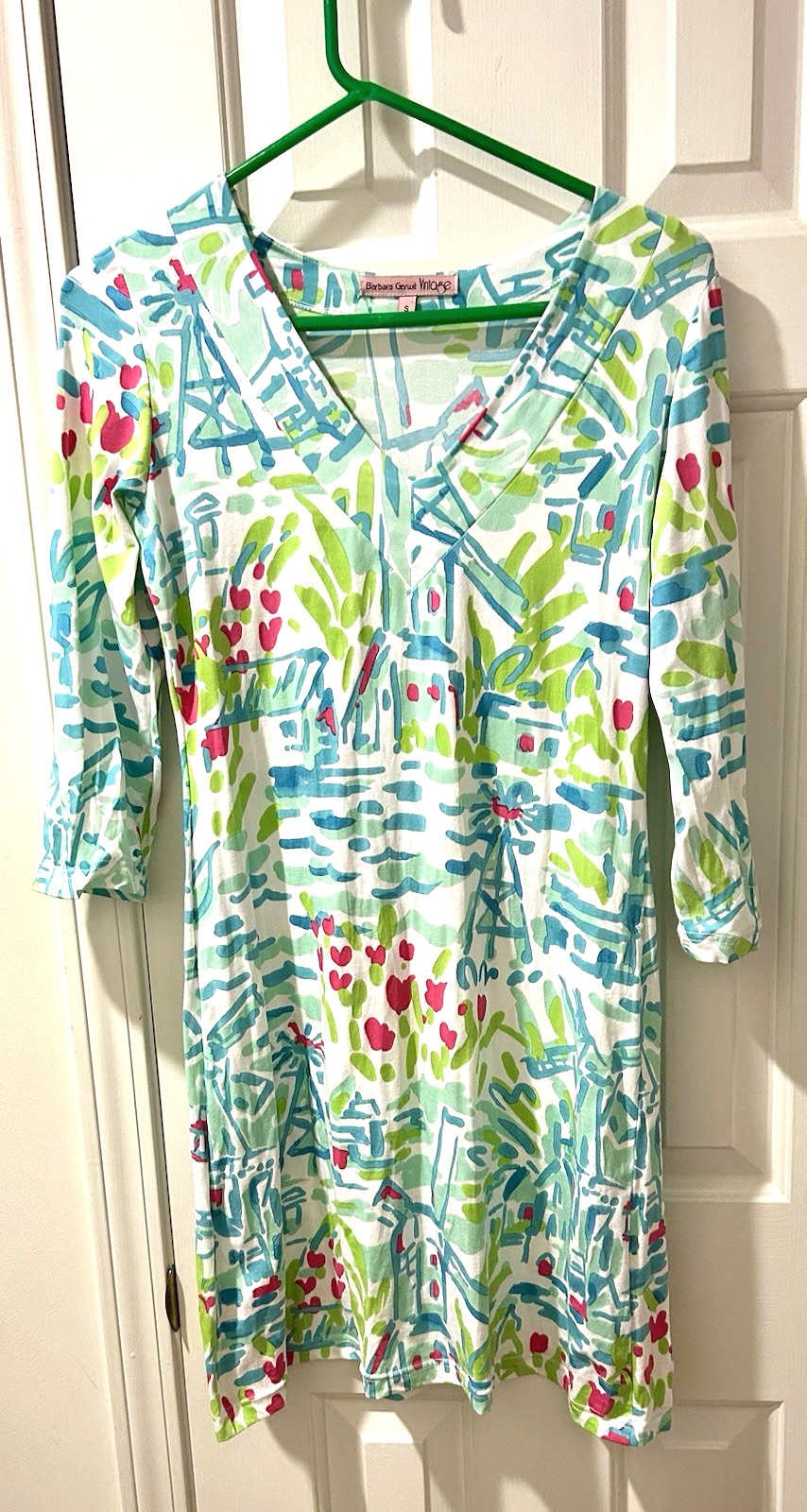 BARBARA GERWIT White Aqua Blue Green Pink Dress S Summer Holland Windmill Tulips