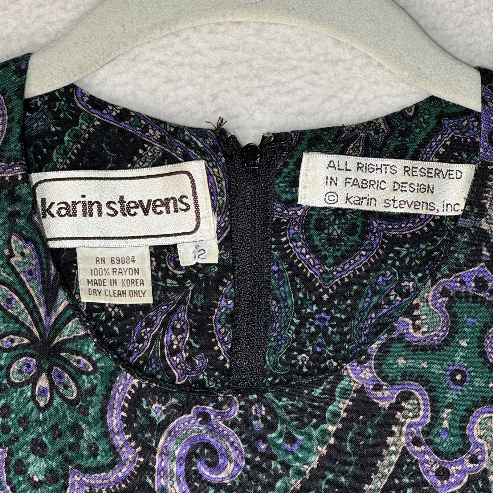 Vintage Karin Stevens Purple Green Paisley Long Sleeve Midi Dress