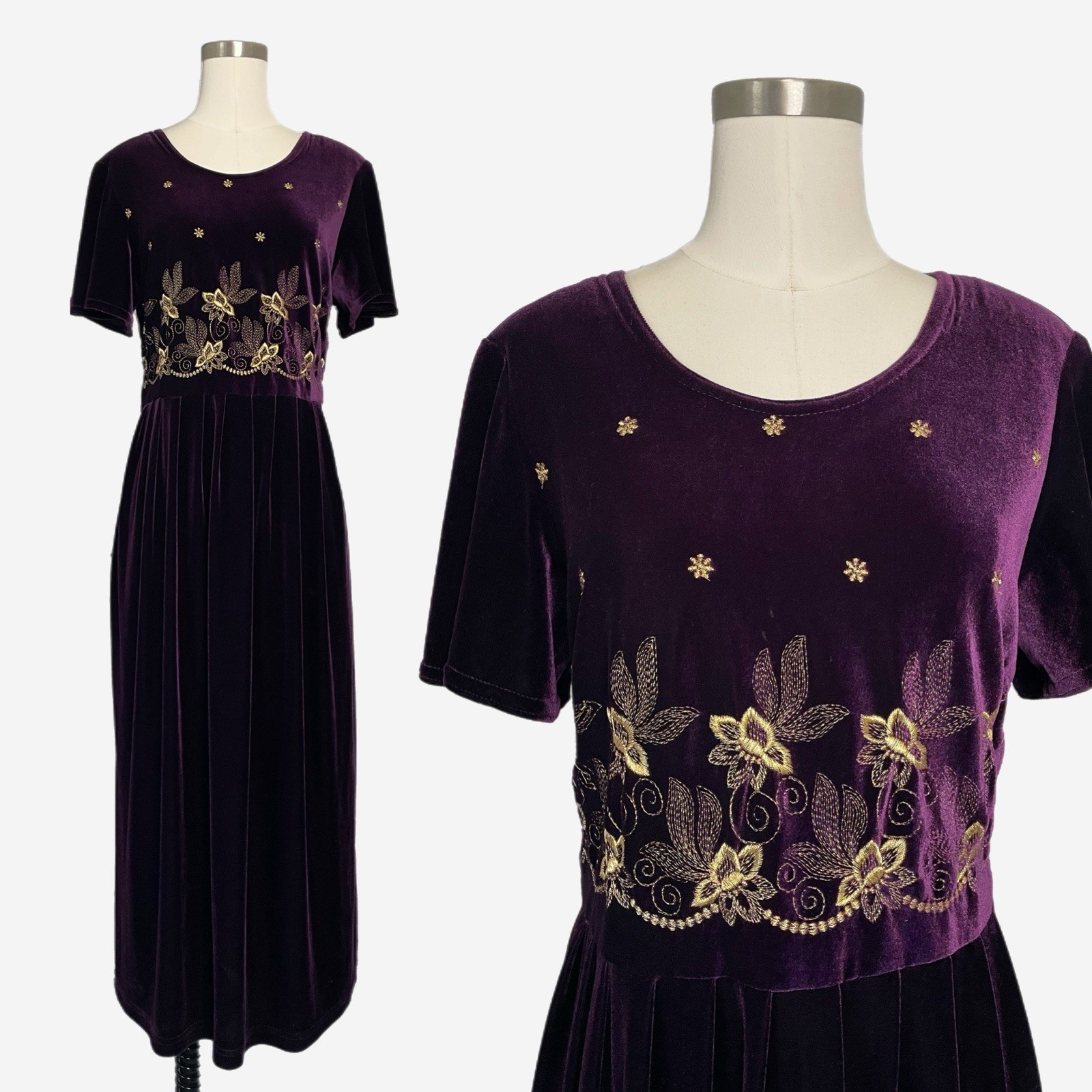 Vintage 90s Another Thyme Plum purple velvet floral embroidered midi medieval L