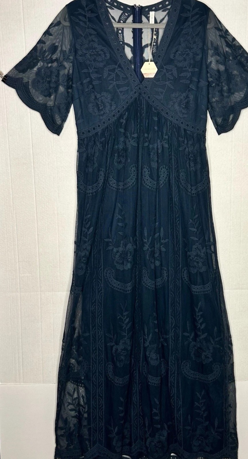 PinkBlush Maxi Maternity Dress Navy Lace Overlay Boho Womens Size Large NWT