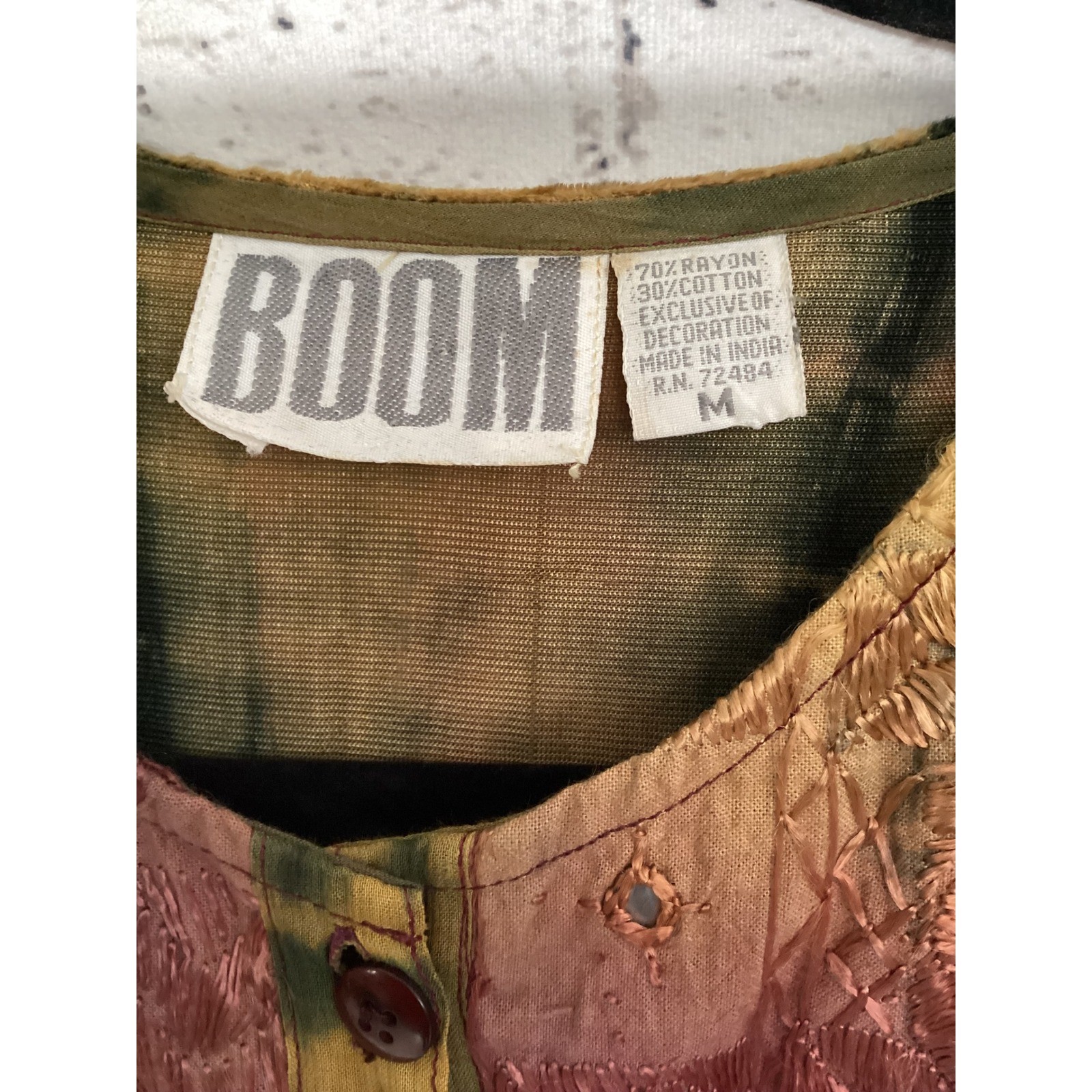 BOOM Tie Dye Embroidered Velvet Boho Mini Dress Mixed Media Button Front Medium