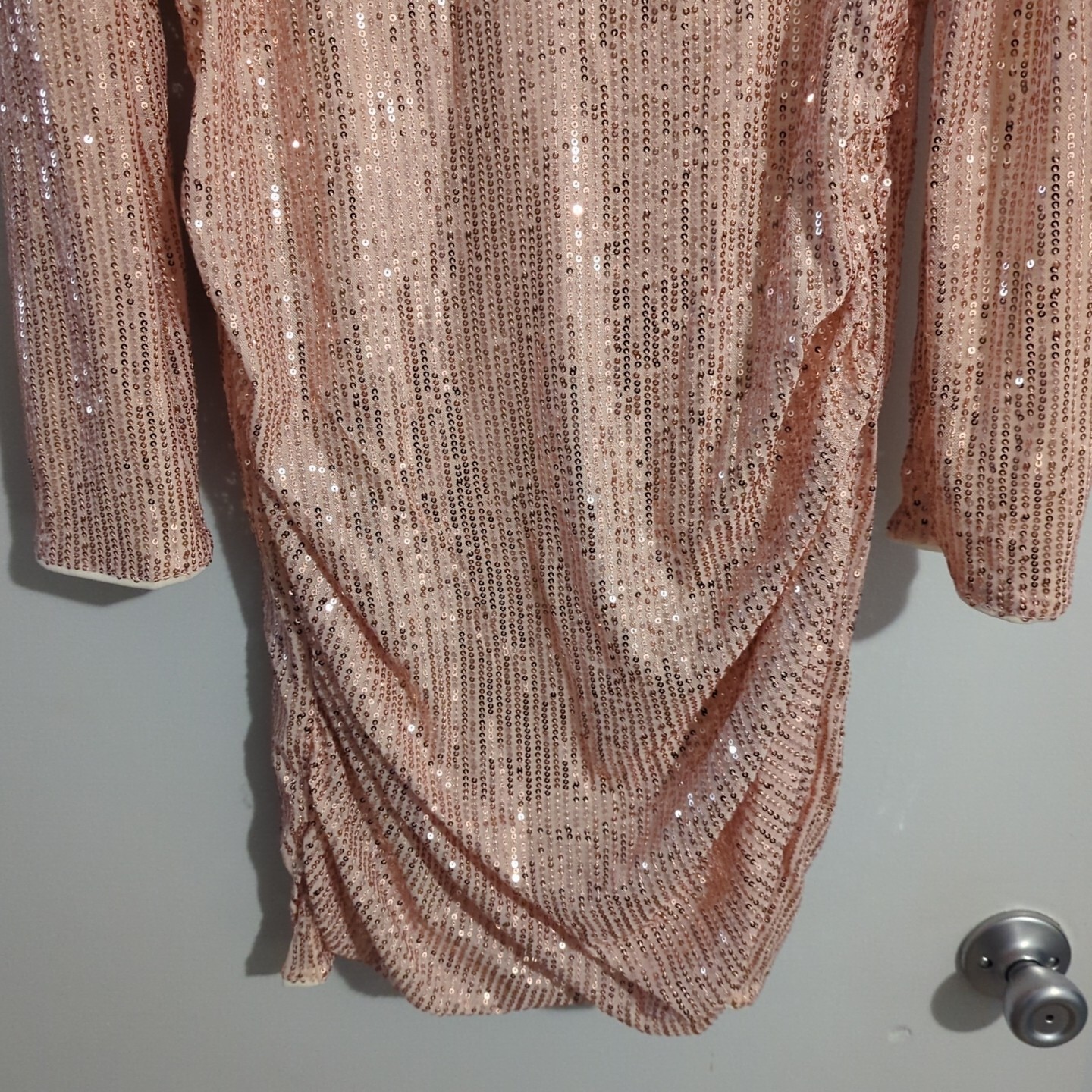 KANCY KOLE Sequin Dress VNeck Puff Long Sleeve Side Ruched Bodycom Jr Miss L NWT
