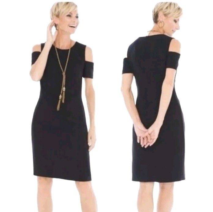 Chico’s Black Short Sleeve Cold Shoulder Sheath Dress Above The Knee Short S