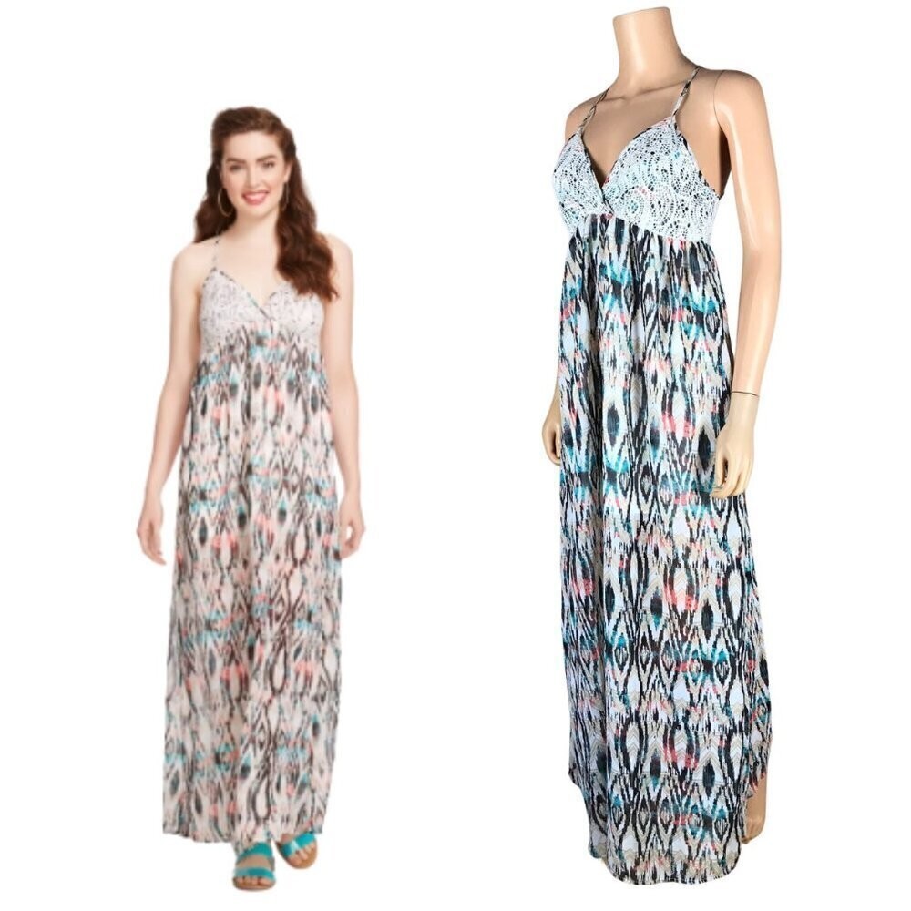 Belle Du Jour Juniors’ Multi-Color Printed Crochet-Trim Maxi Dress NWT Medium