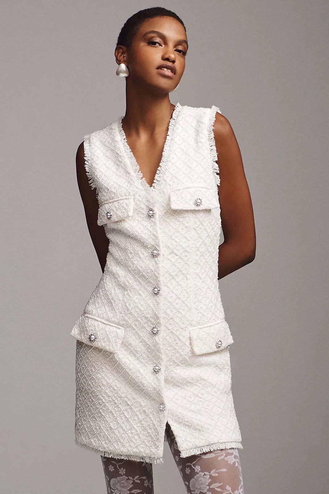 BHLDN Anthropologie Sleeveless Tweed Dress Pearl Embellished Fringed White M