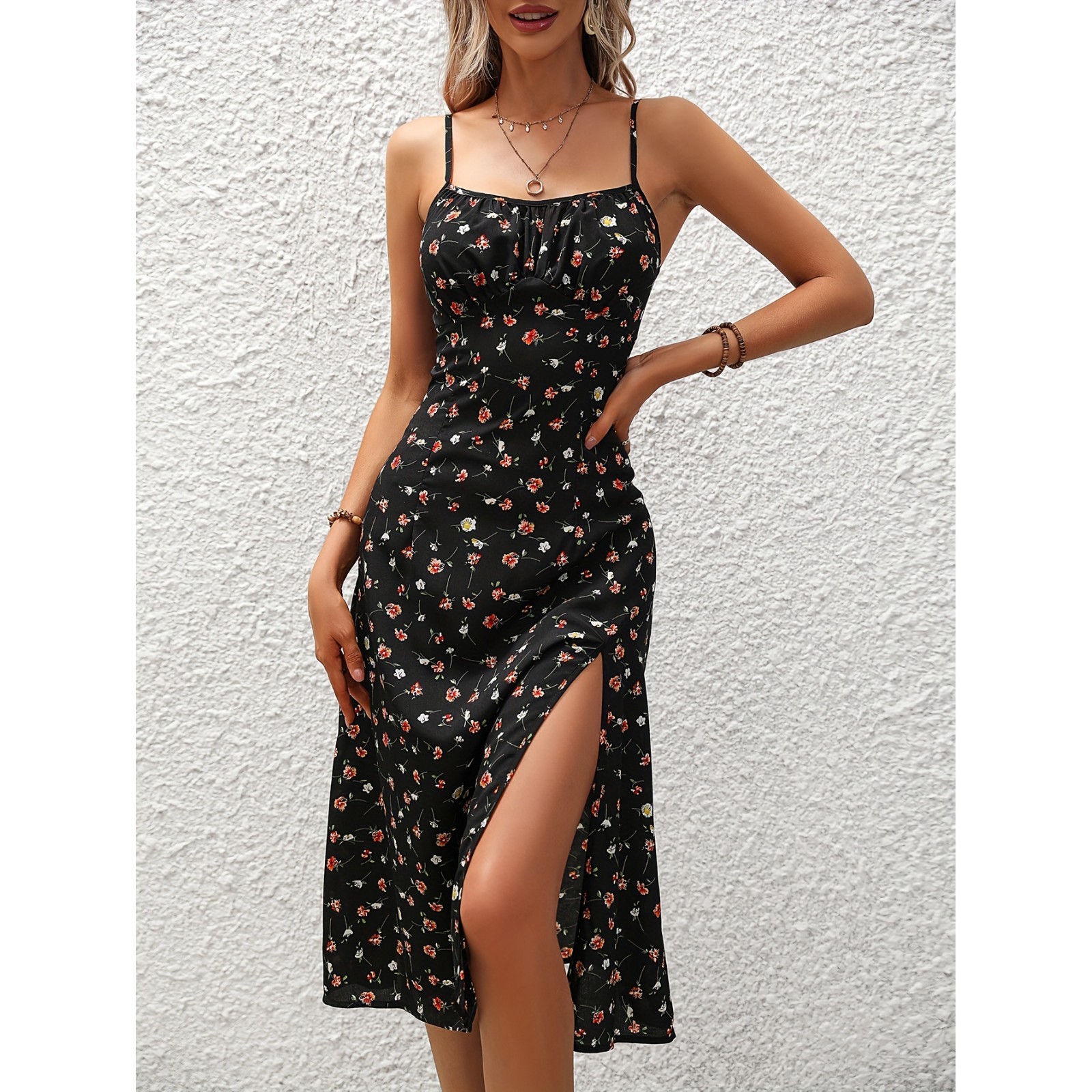 Women’s Polka Dot Midi Dress Summer Spaghetti Strap Split Casual Sundress