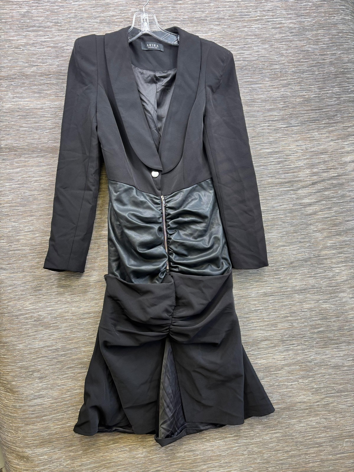Akira Dress Womens S Black Faux Leather Ruched Jacket Bodycon Midi Zip Formal