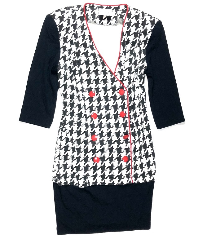 Vintage Houndstooth Dress by Robin Gayle 1980s Sz Small Red Black White Buttons