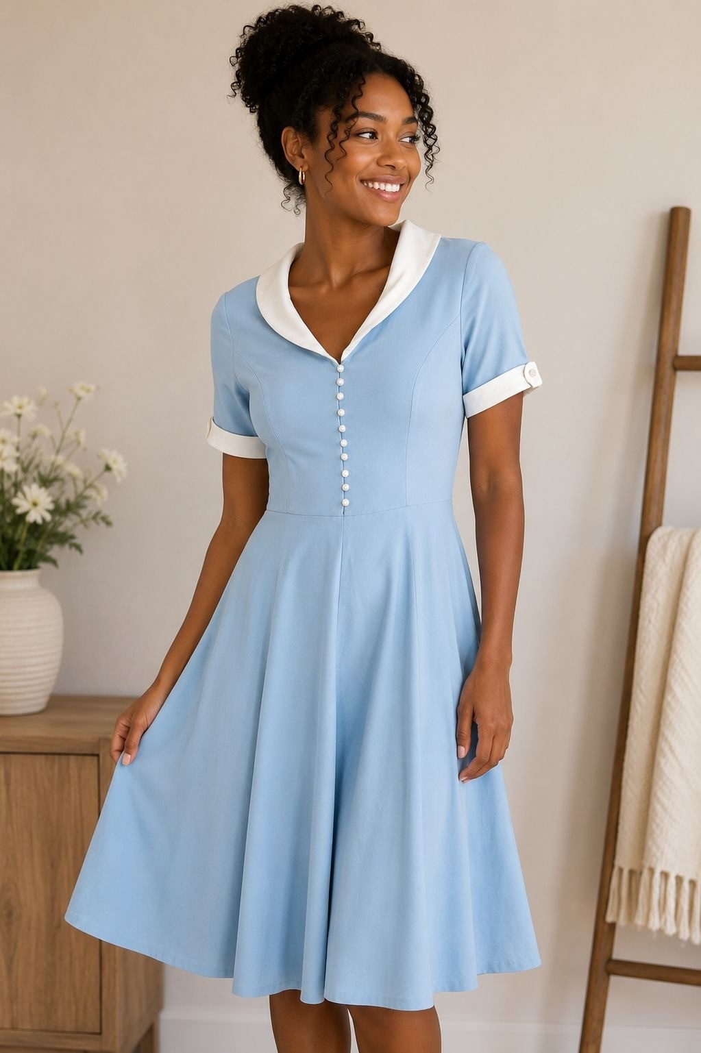 Blue Fit & Flare Dress Gown Town Vintage Peter Pan Collar Midi L