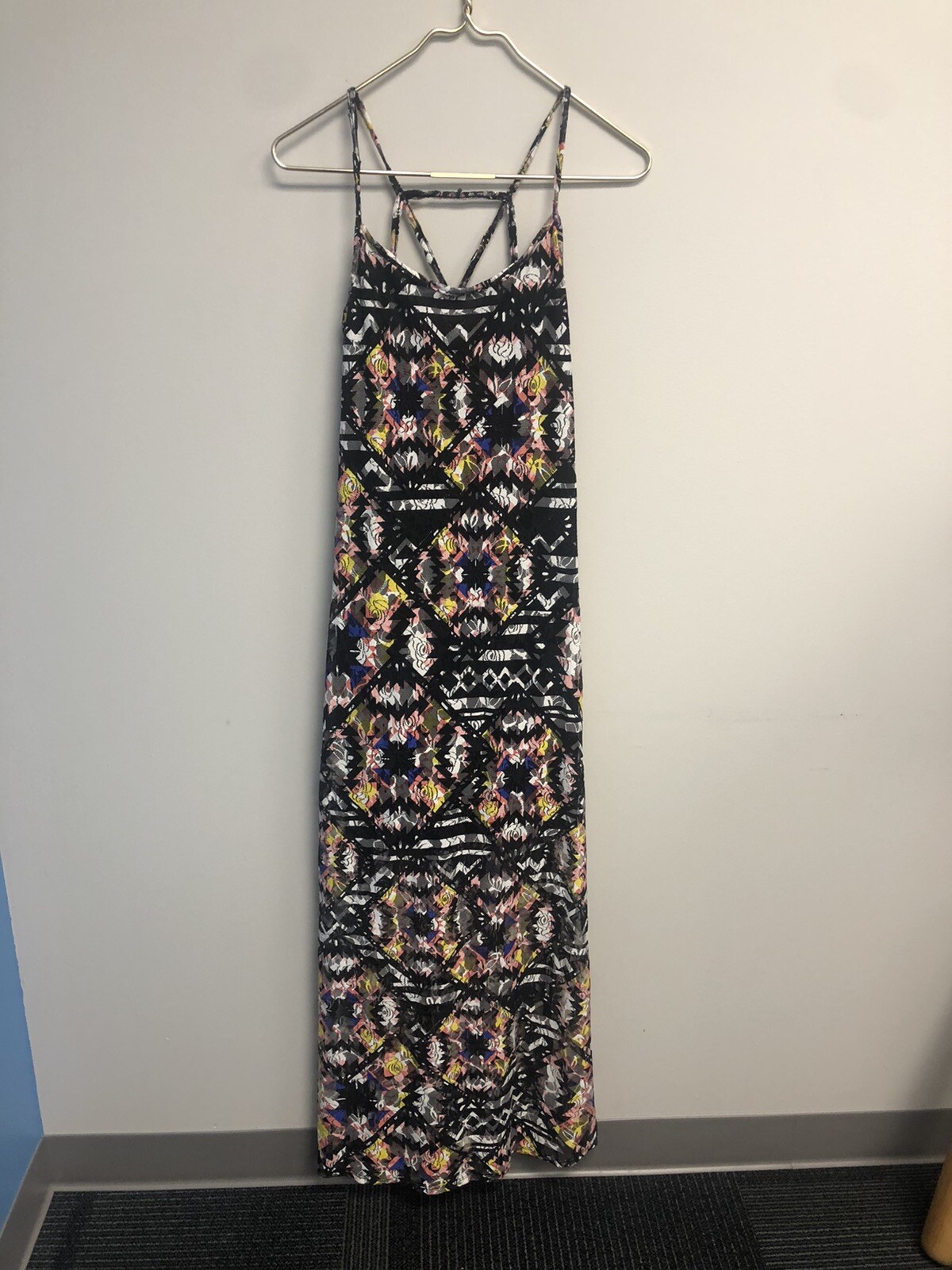 Fire Los Angeles Black Pink Geo Print Long Maxi Side Slit Sun Dress Sleeveless