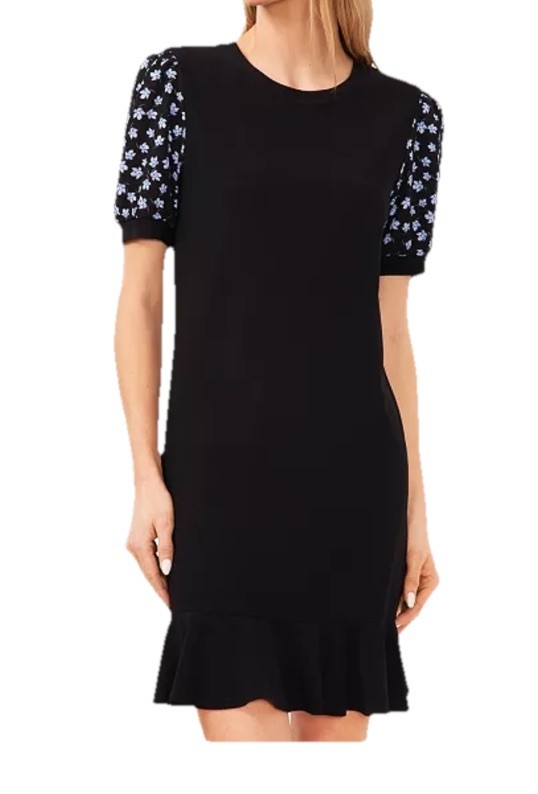 CeCe Women’s Black Floral Mixed-Media Knit Puff Sleeve Ruffle Knee Dress L