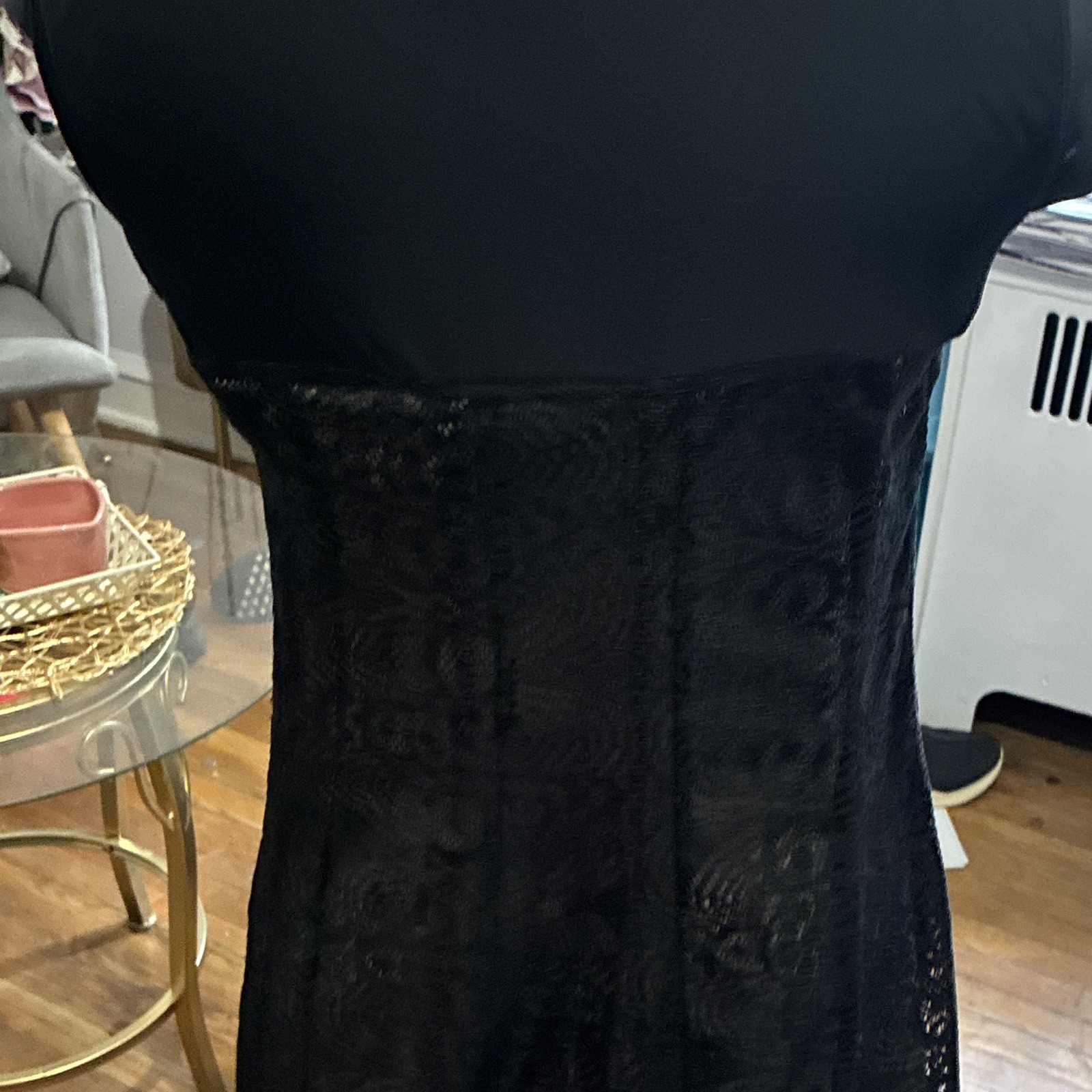 Karin Stevens Black Long A-Line Dress 10W Short Sleeve Scoop Neck Lace Floral