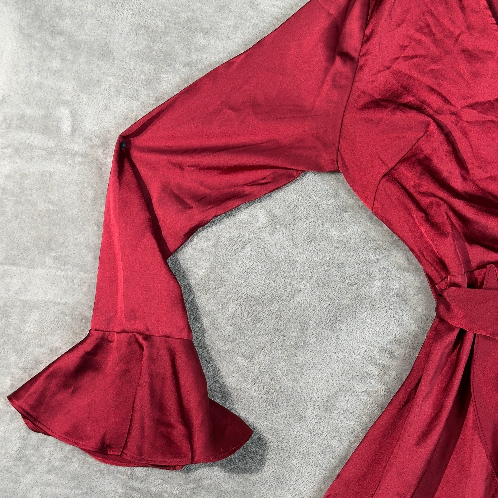 SHEIN Burgundy Wrap Style Mini Dress M Bell Sleeve Ruffle Hem Tie Waist