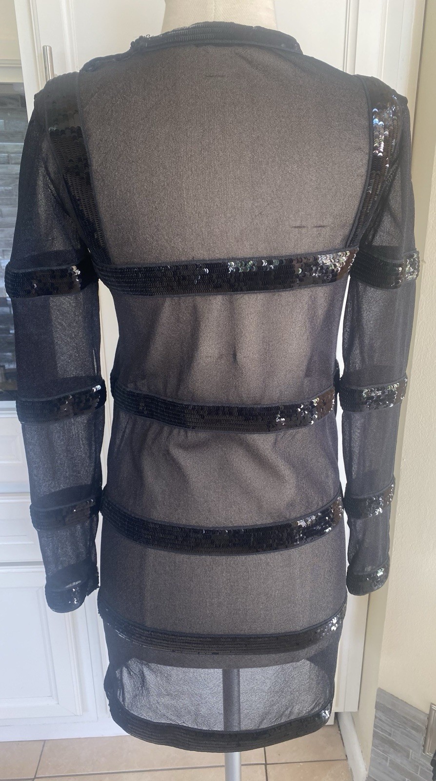 Tom Ford Black Mini Sheer Stripped Embellished Dress Size S