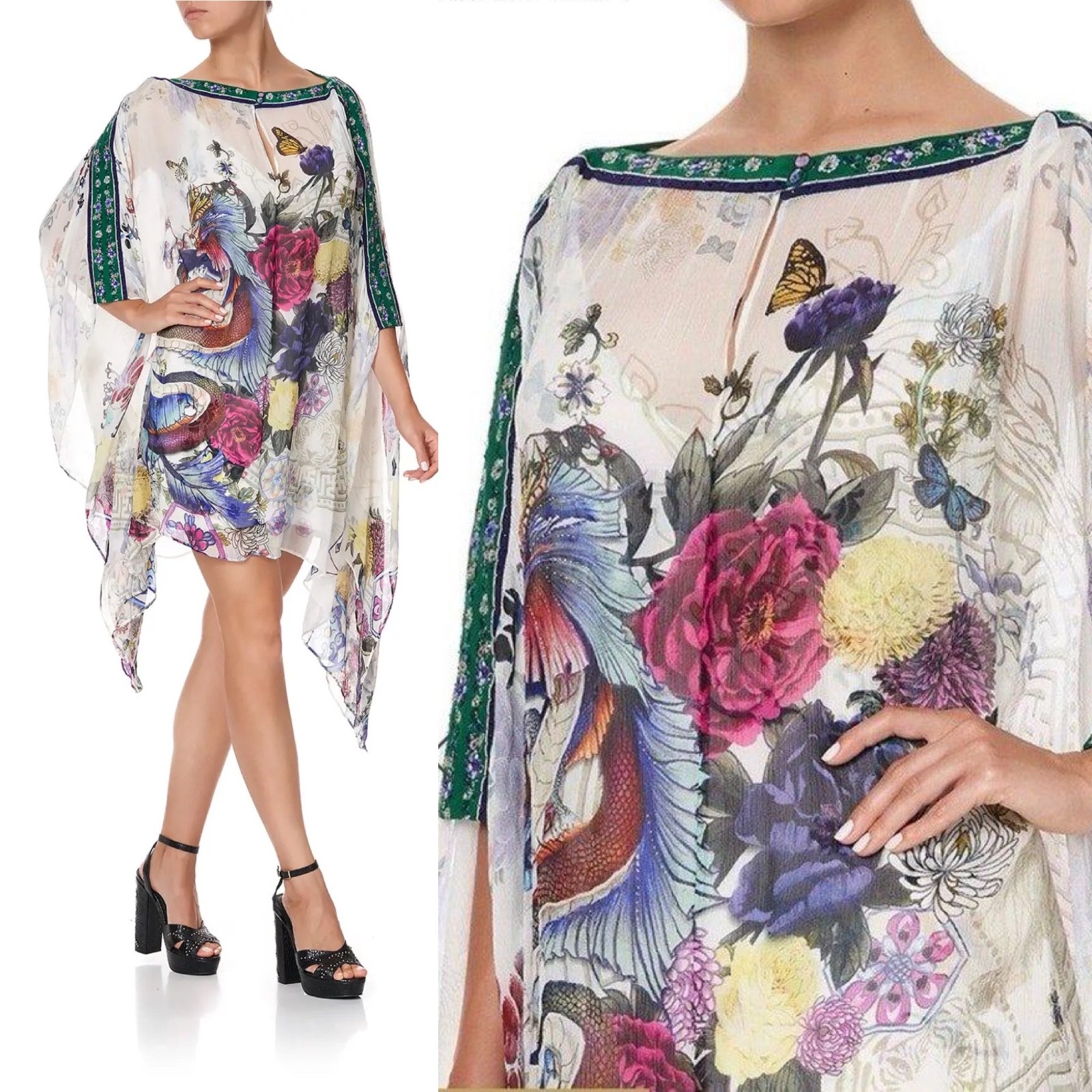 Camilla S/M Crystal Embellished Silk Chiffon Gentle Moon Poncho Overlay Dress
