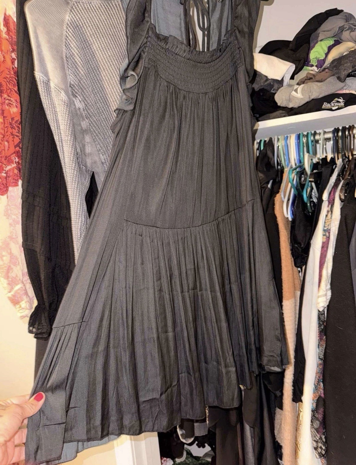 FreePeople EMERALD( DARK )/Black Waist Ruffle Long Maxi Dress,XL ties in back