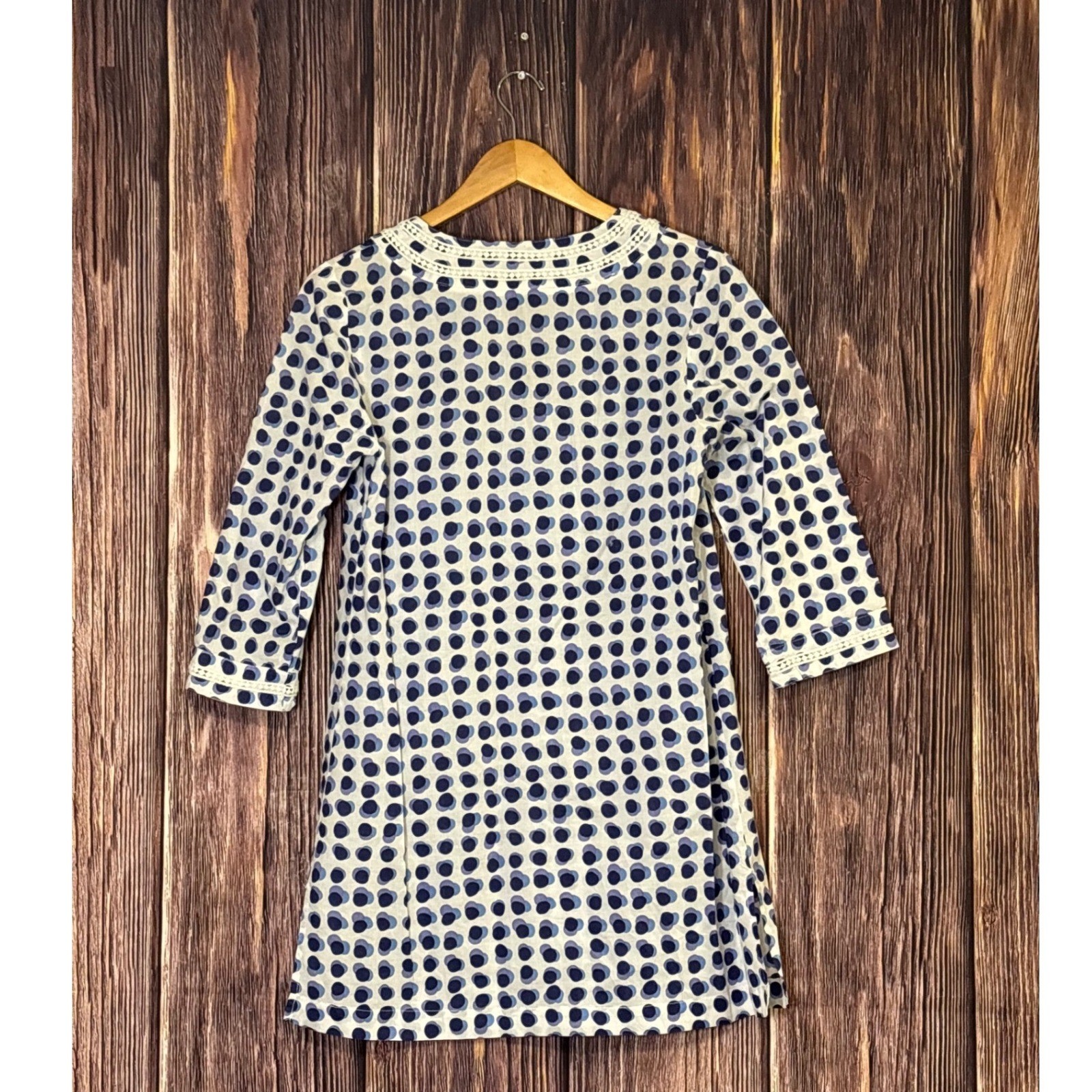 Boden Tunic Top Womens US 6R Blue Purple Polka Dot Cotton Crochet Trim Boho