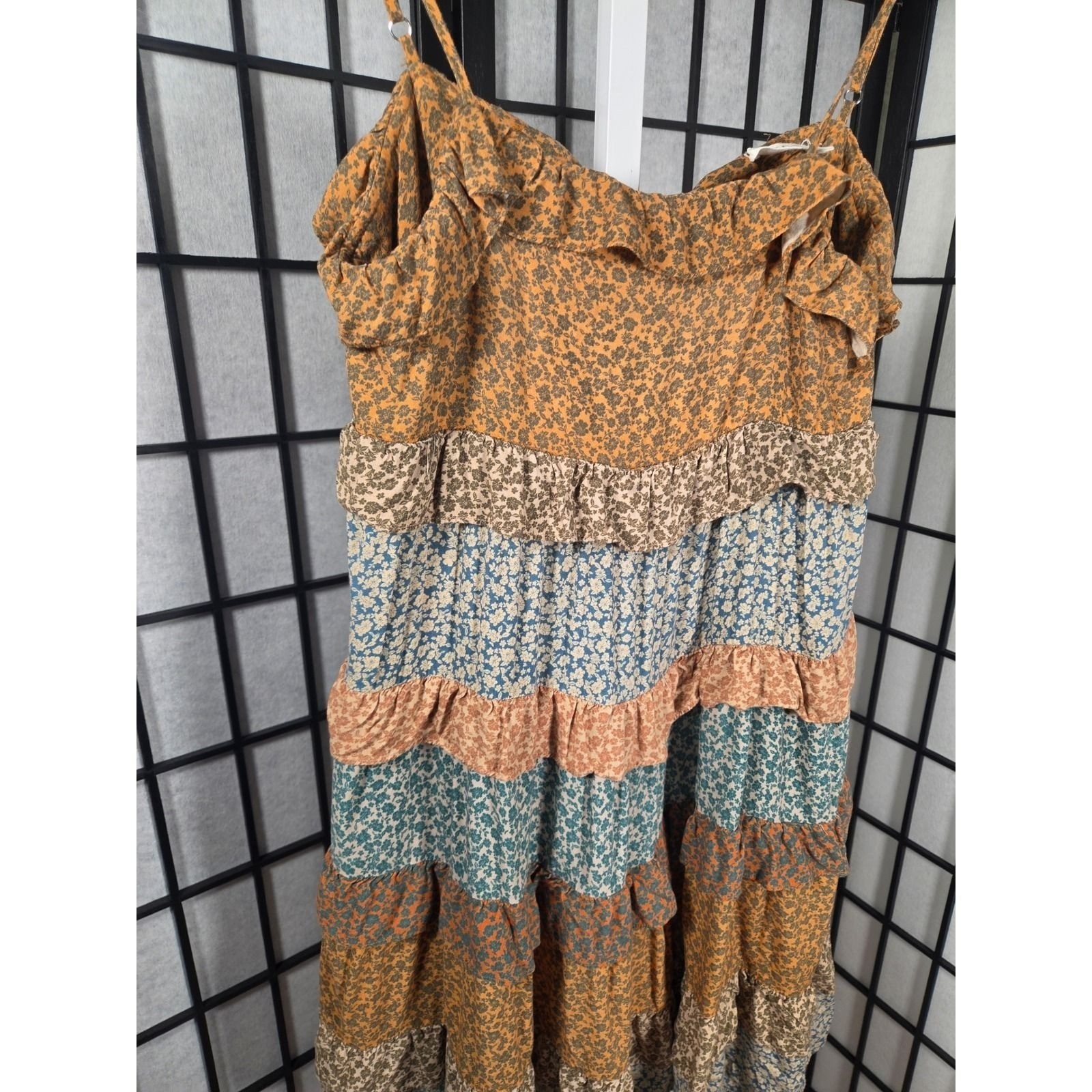 Storia Floral Tiered Ruffle Mini Dress Goblincore Boho Earthy Strap Small