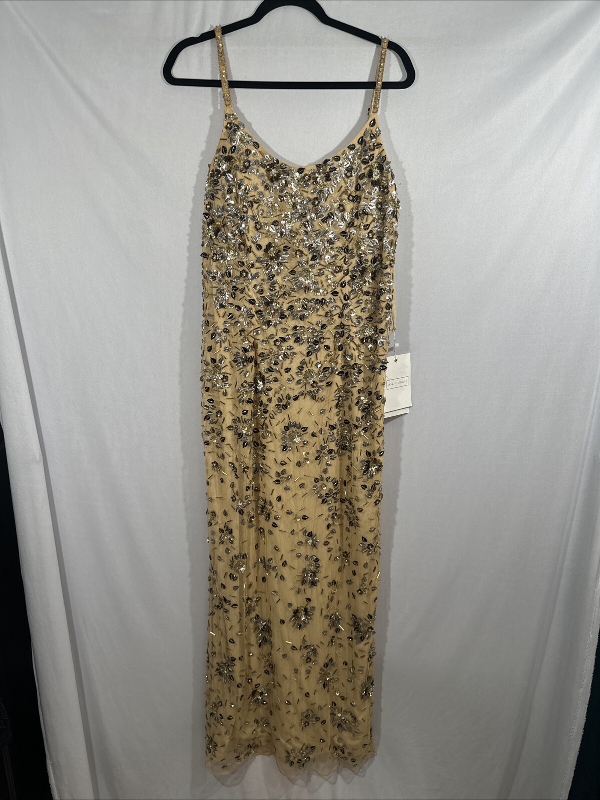 NWT $598 Mac Duggal [ 14 ] 5477 Floral Embellished Scoop Neck Gown Gold #Q945