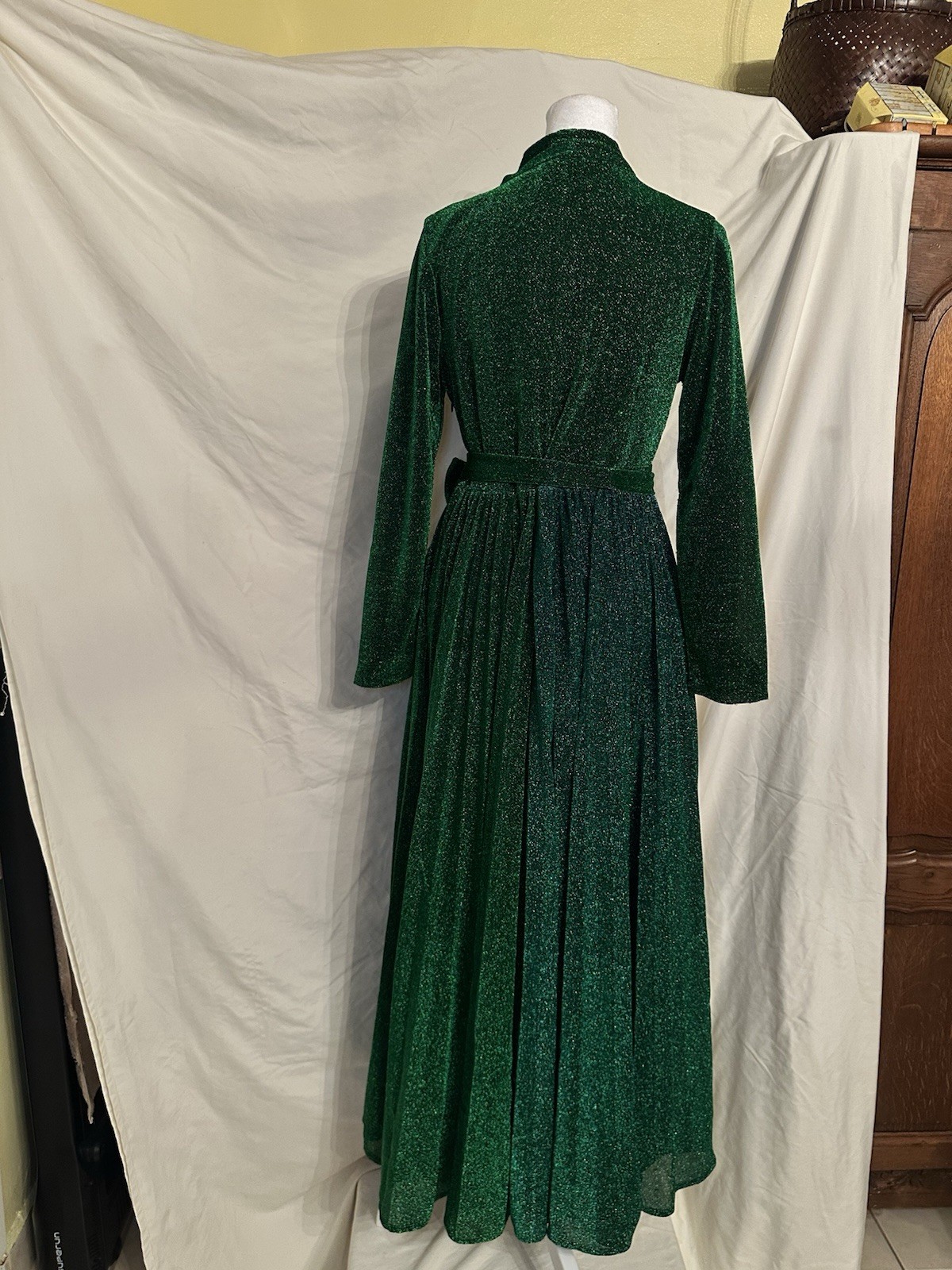 Alcoolique Green Glitter Lurex V-Neck Long Sleeve Maxi Dress Women’s 42