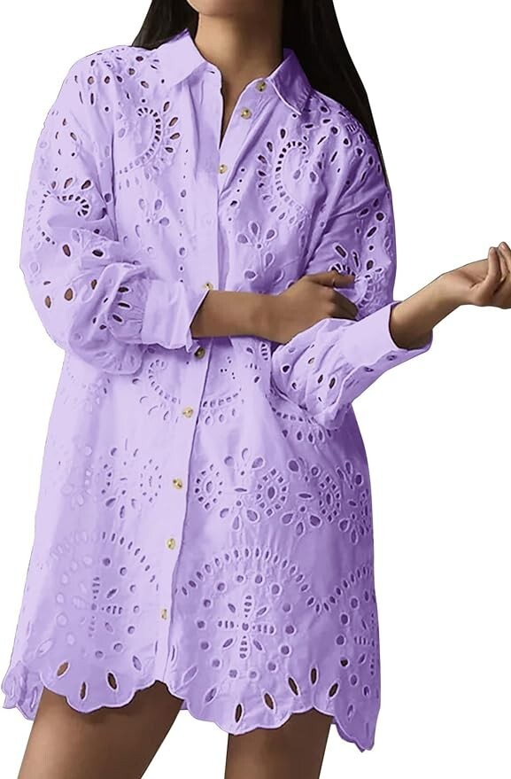 Women Eyelet Lace Dress Button Down Shirt Loose Fit Summer Casual Mini Dress