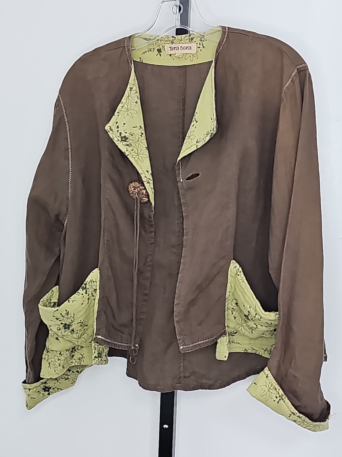 Tera Bora 2 Pc Boho Lagenlook Brown Green Linen Blend Dress Jacket Set T1