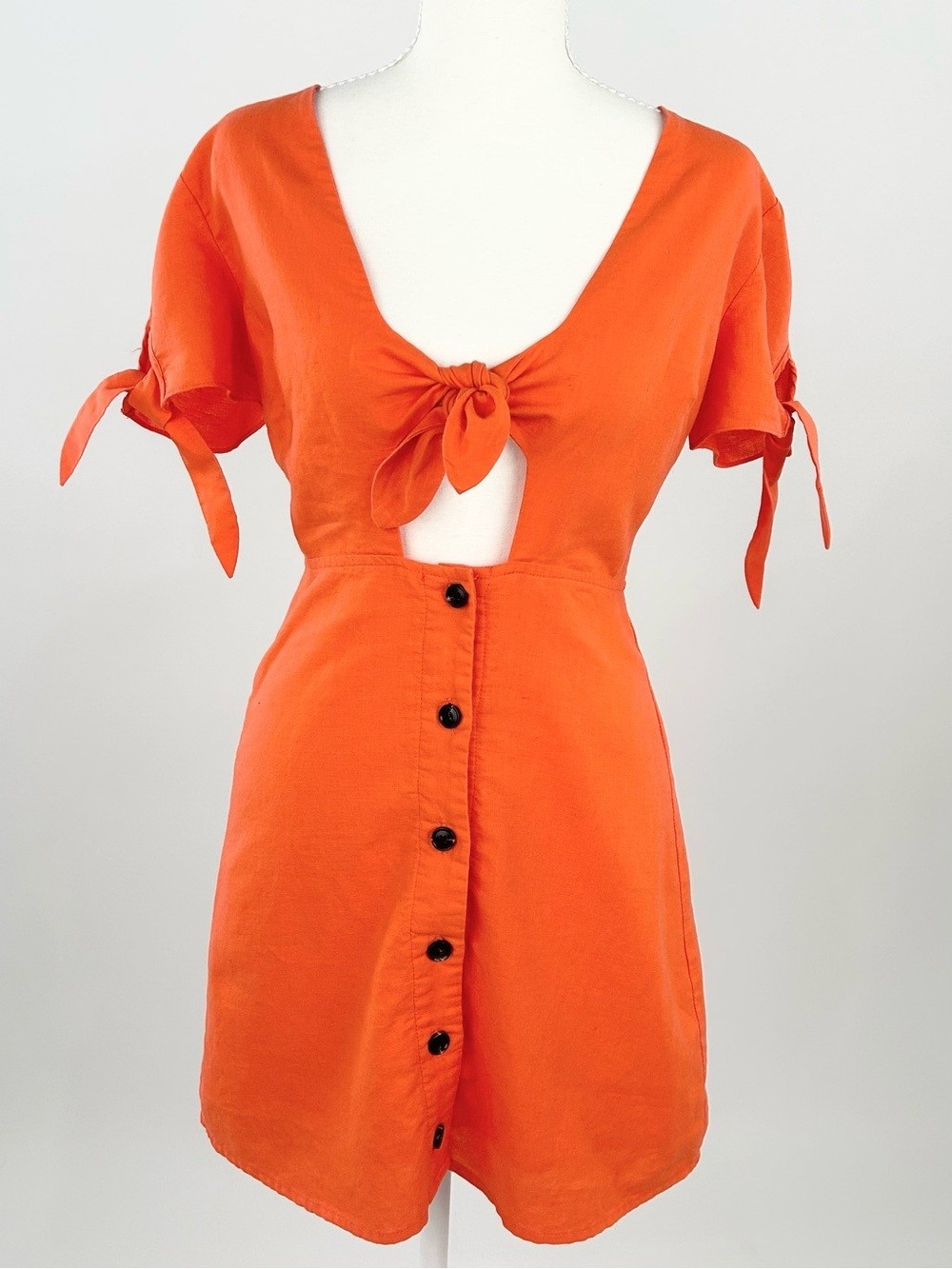 Lost + Wander Papaya Mini Dress XS Coral Orange Tie Front Cutout Linen
