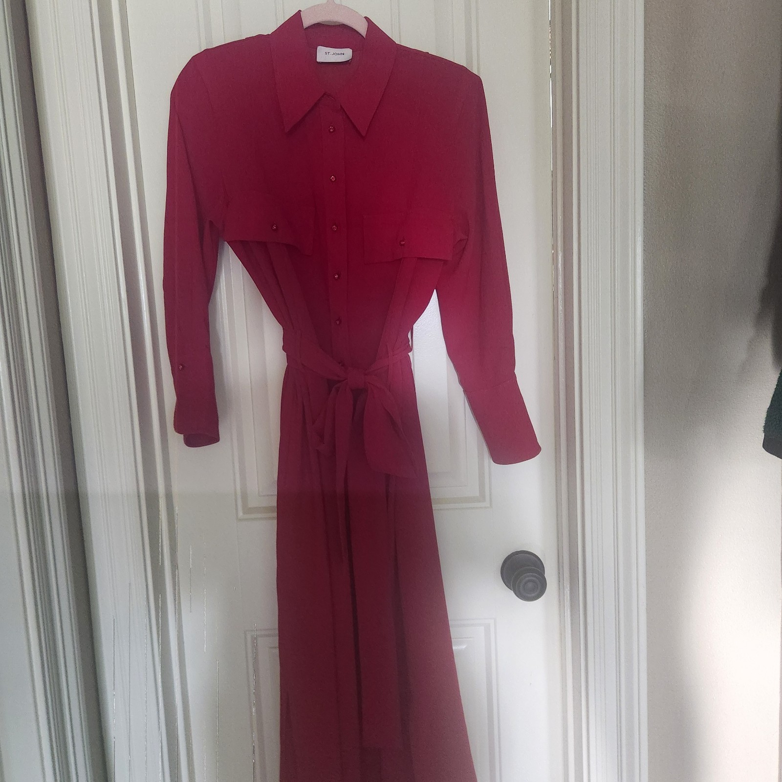St. John Red Sz S Crepe Belted Collared Button Front Long Sleeve Maxi Dress