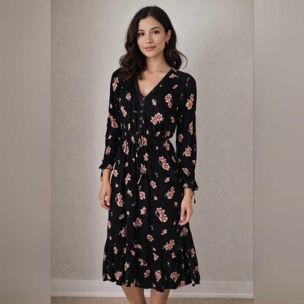 🌸 American Rag Black Floral Midi Dress 🌸 Long Sleeve Boho | Size M
