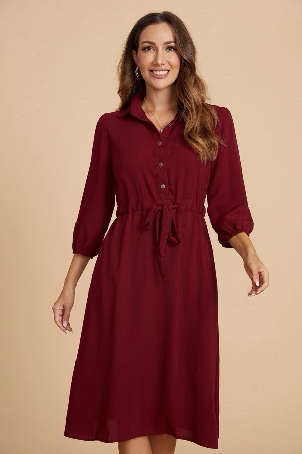 Burgundy Solid Shirt Dress Collared Button Tie Waist 3/4 Sleeve Midi Size S