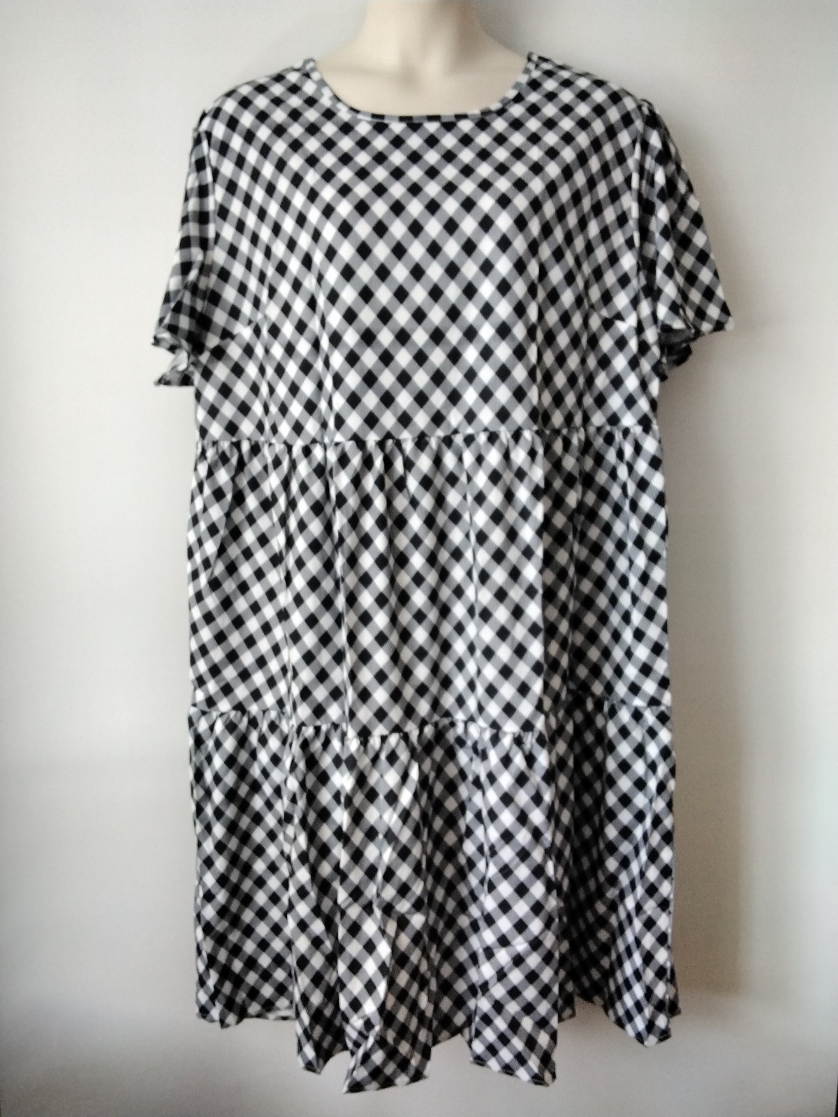 NEW PLUS SIZE 20 22 24 26 BLACK WHITE CHECK FRILLED SKATER DRESS NO STRETCH