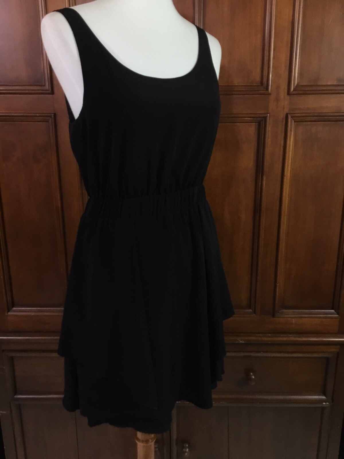 BCBG Generation Dress Solid Black Full Zip And Tie Back Cute Skirt Layer Elastic