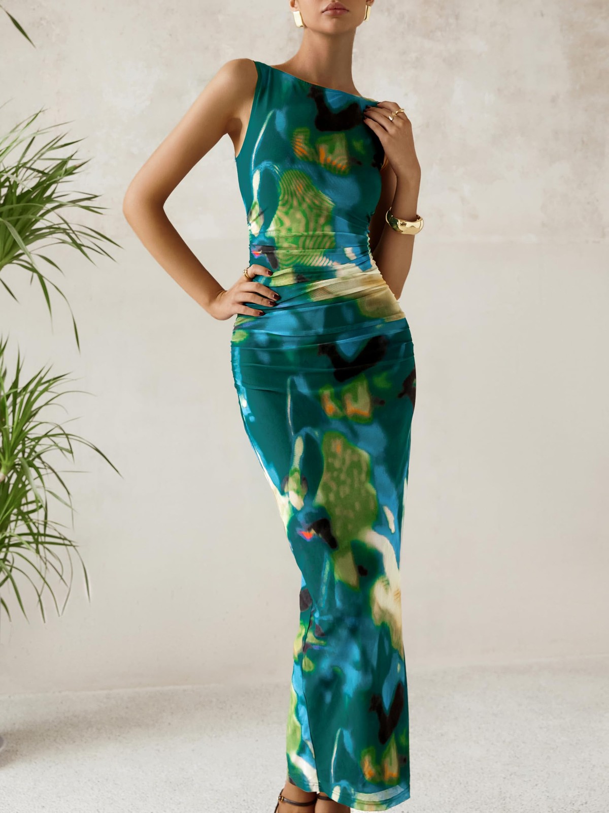 Womens Summer Floral Mesh Maxi Dress Bodycon Ruched Side Slit Party Cocktail New