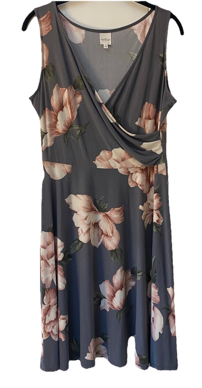 Kaleigh Women’s Size M Faux Wrap Knit Dress Gray W/ Pink White Green Floral
