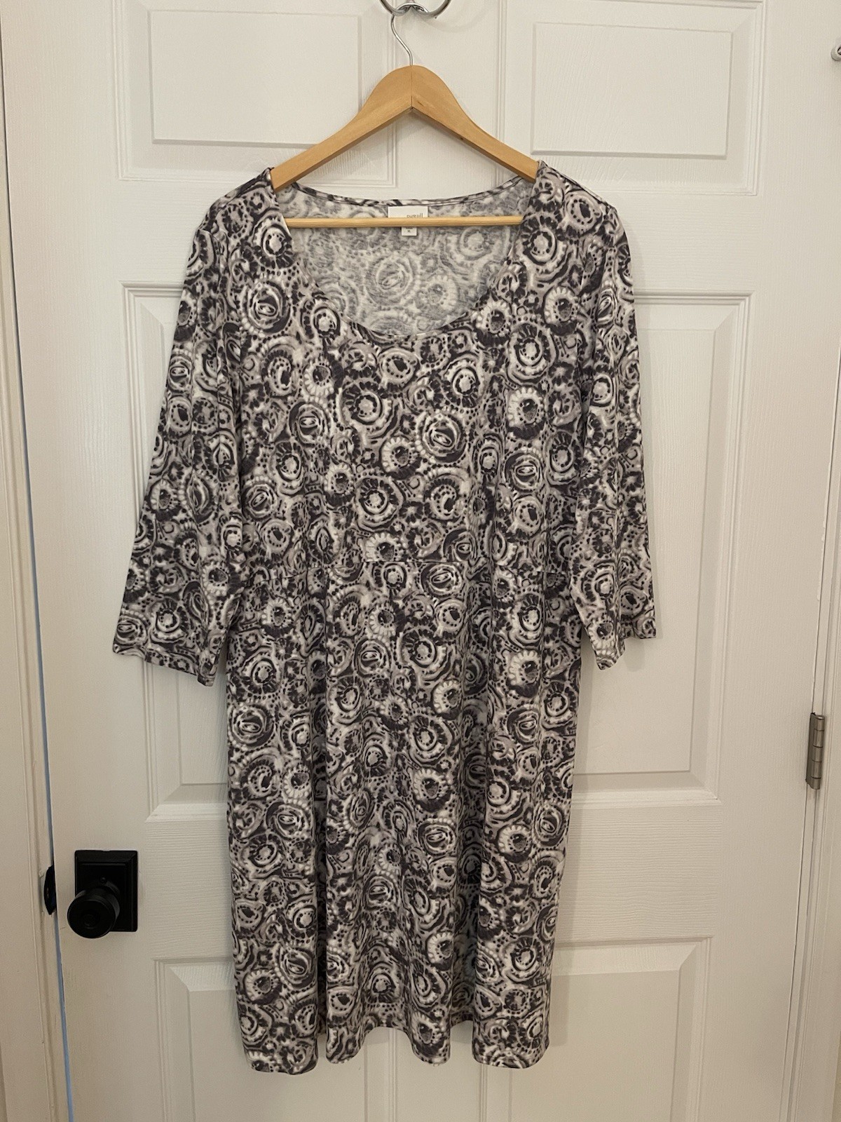 Pure Jill XL Abstract Floral Grey White Midi Dress Cotton Modal Soft Pockets