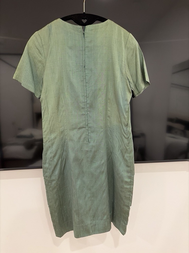 Women’s Vintage Green Solid Shift Dress S, Woven Short Sleeve Round Neck, Zip