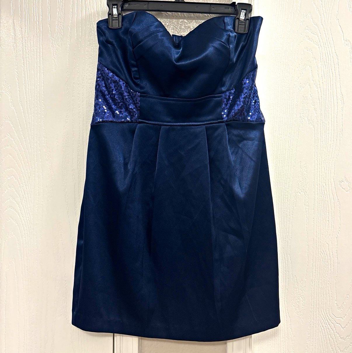 Teeze Me Women’s Navy Satin Strapless Sweetheart Sequin Sheath Dress 7