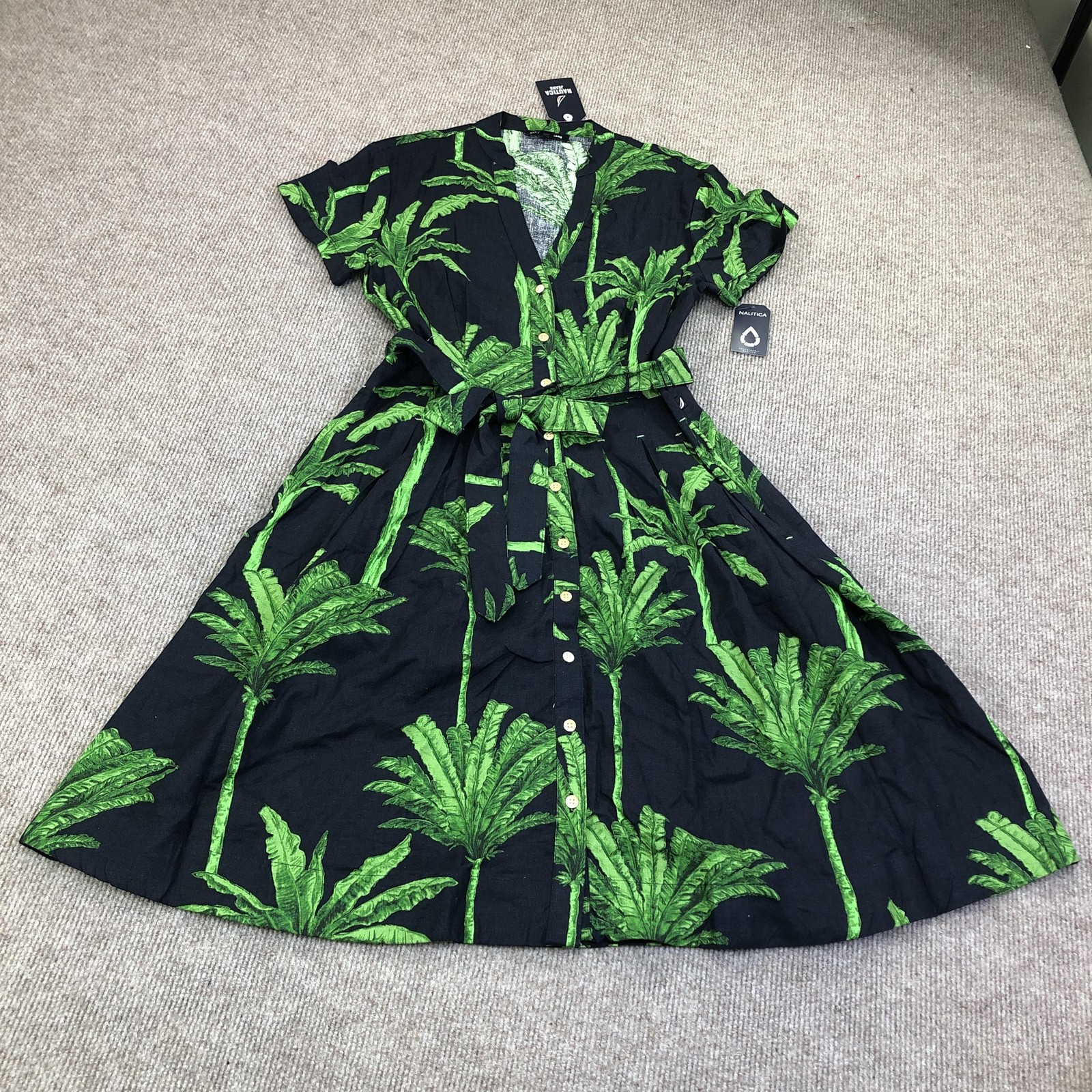Nautica Dress Womens Small Black Palm Tree Button Belted Fit & Flare Summer