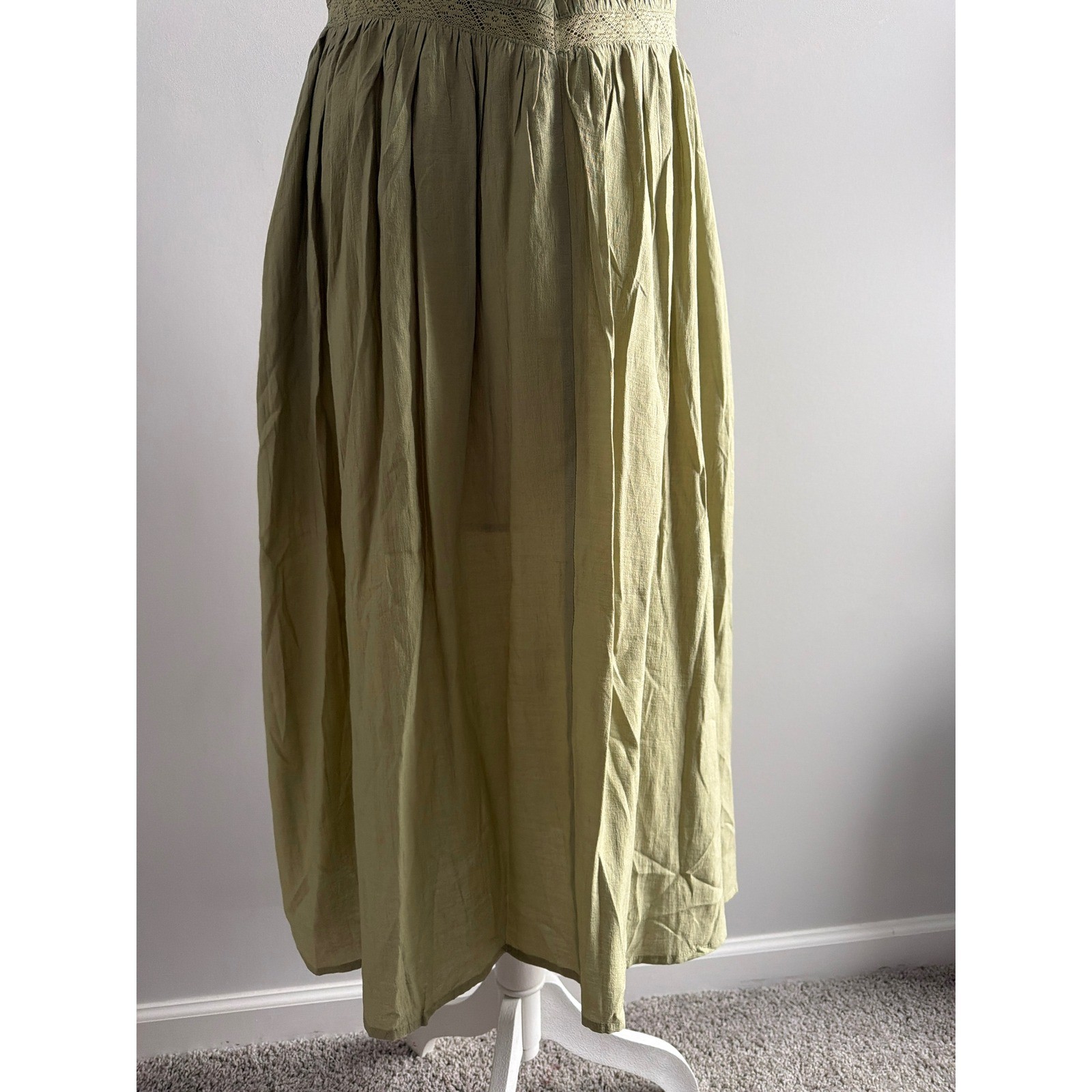 Storia Boho Green Crochet Lace Chevron Tie Strap Pleated Midi Dress Sleeveless S