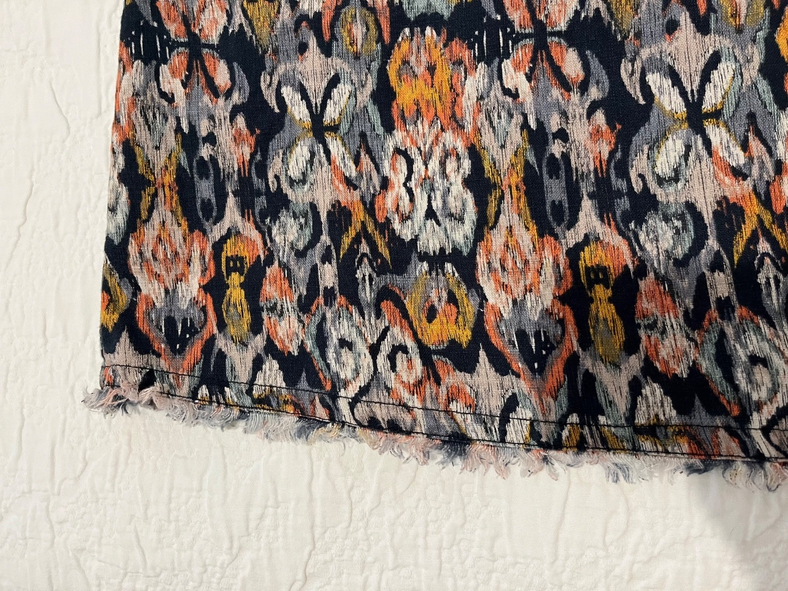 Garnet Hill 100% Linen Ikat Shift Dress Pockets Frayed Hem Sz 4 Blue Orange