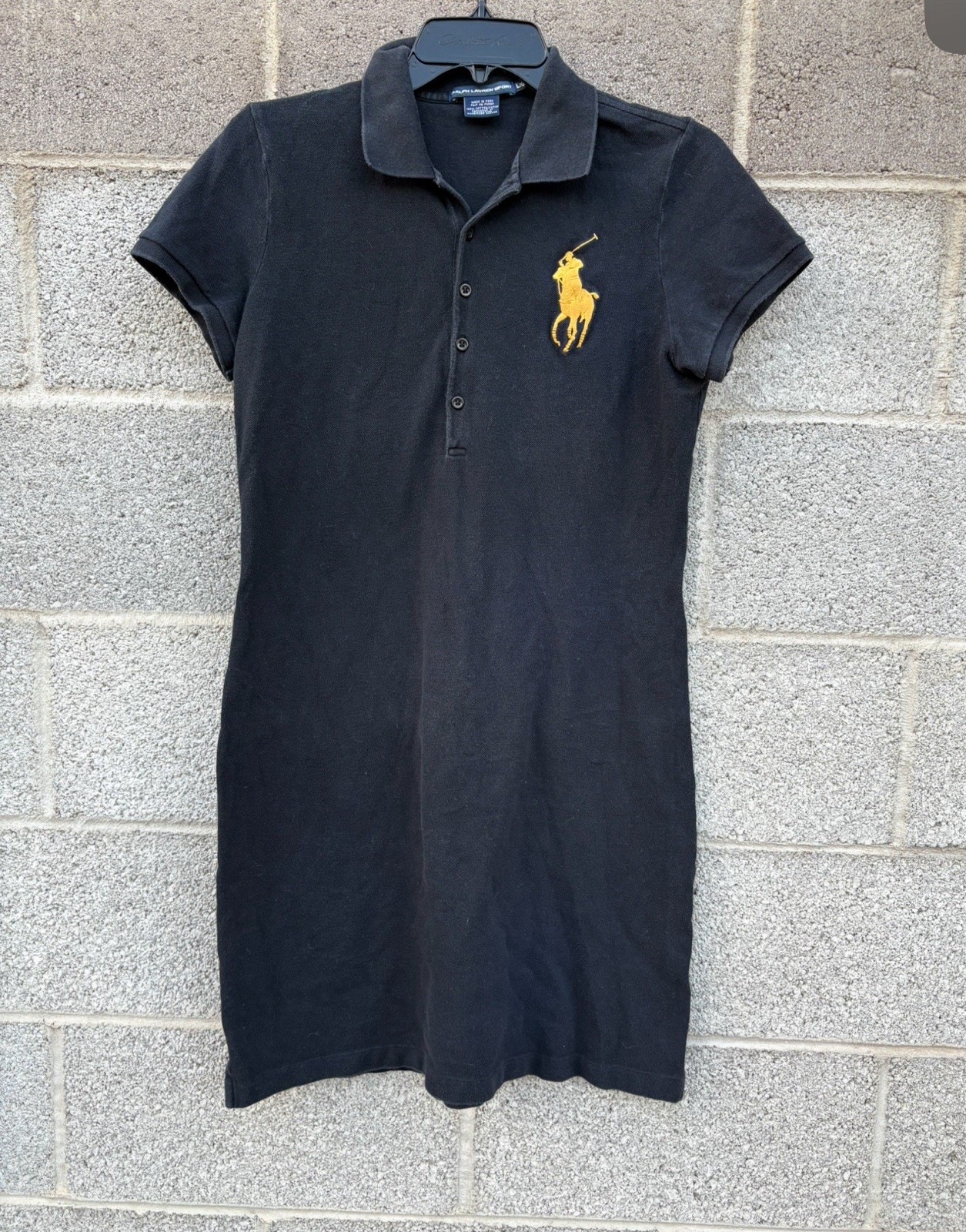 Vtg Ralph Lauren Sport Womens Polo Dress Black w/ Gold Big Pony Preppy Large