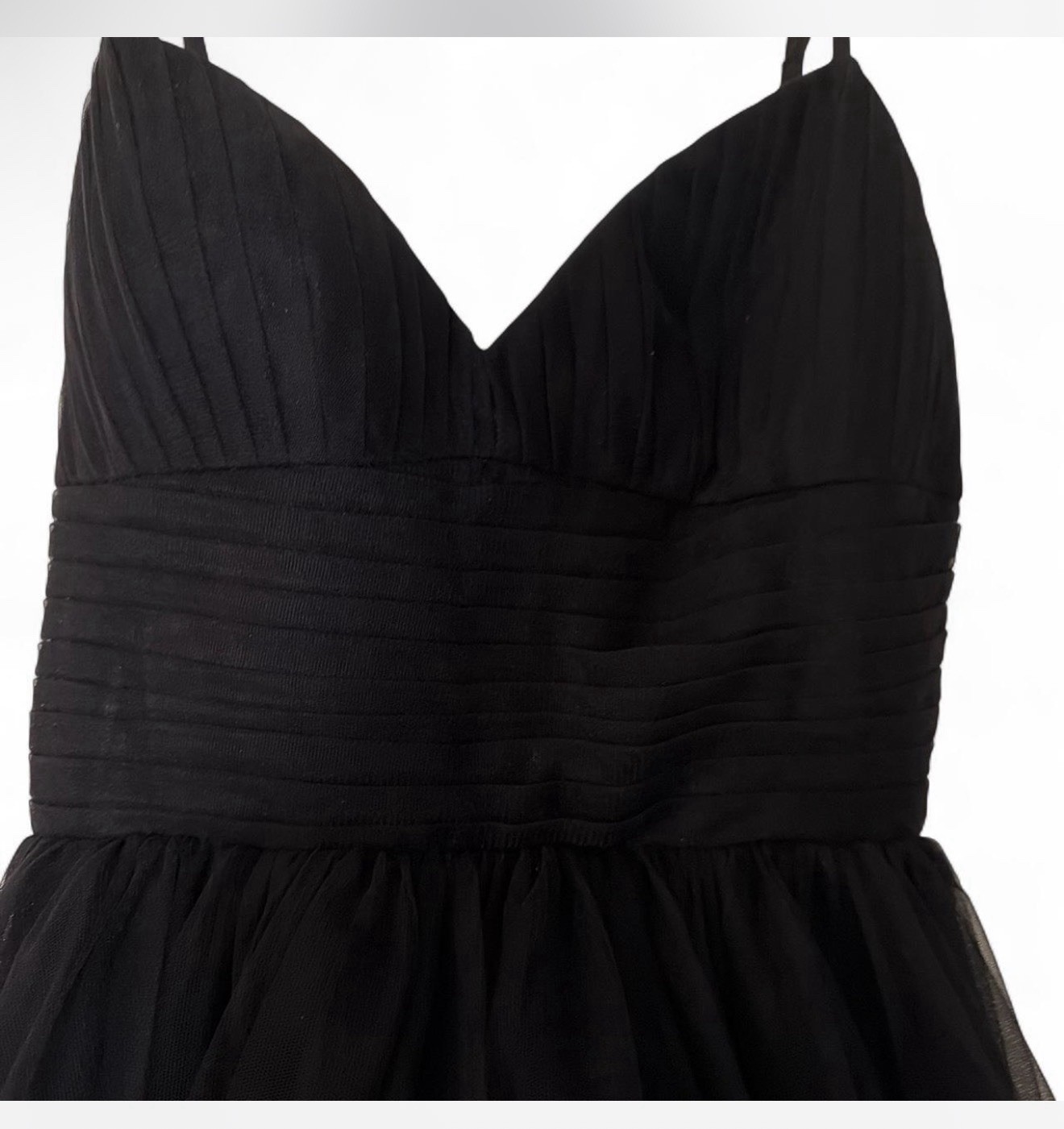 Black Solid V-Neck Spaghetti Strap Tulle A-Line Midi Dress Formal, Women’s M